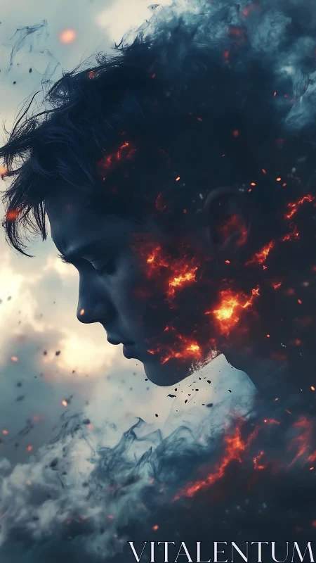 Human side profile dissolving into smoke and fire elements.