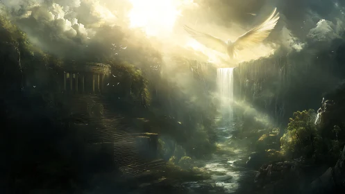Winged figure above waterfall and ruins in misty gorge.