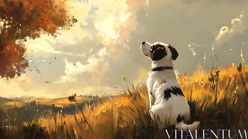 Autumn field dog study in golden light digital painting.