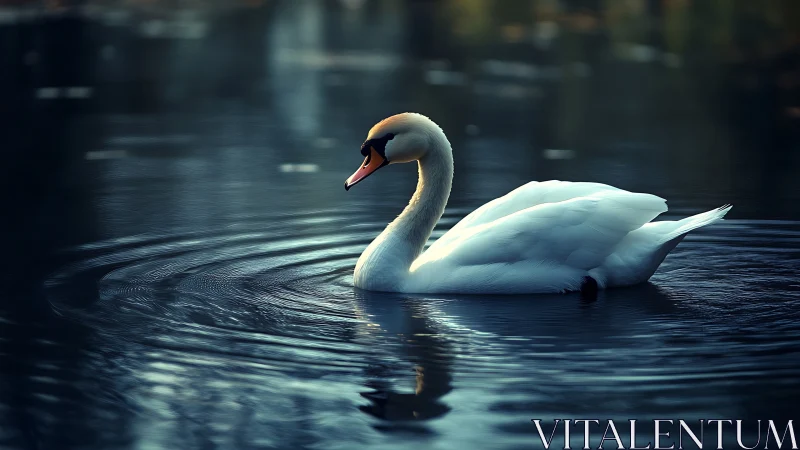 Graceful white swan gliding through evening blue water.