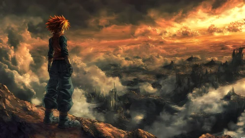 Anime wasteland vista with lone hero under burning sky.