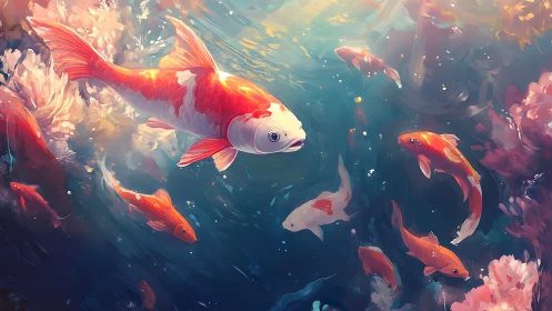 Colorful koi fish swimming in a softly lit pond scene.