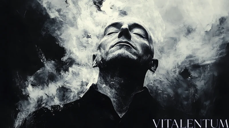 Monochrome male portrait dissolving into abstract vapor field
