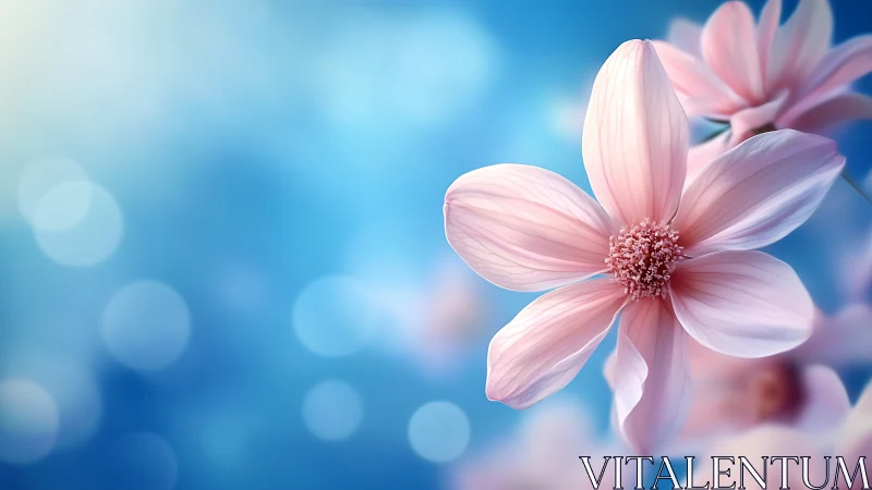 Pink Cosmos Flowers Against Blurred Blue Sky.