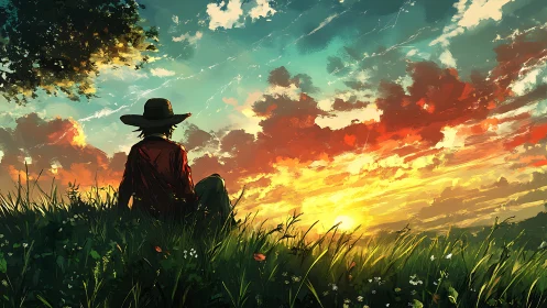 Silhouetted wanderer watching painterly meadow sunset horizon.