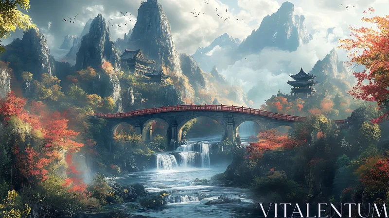 Crimson bridge crossing misty falls in mythic autumn valley.