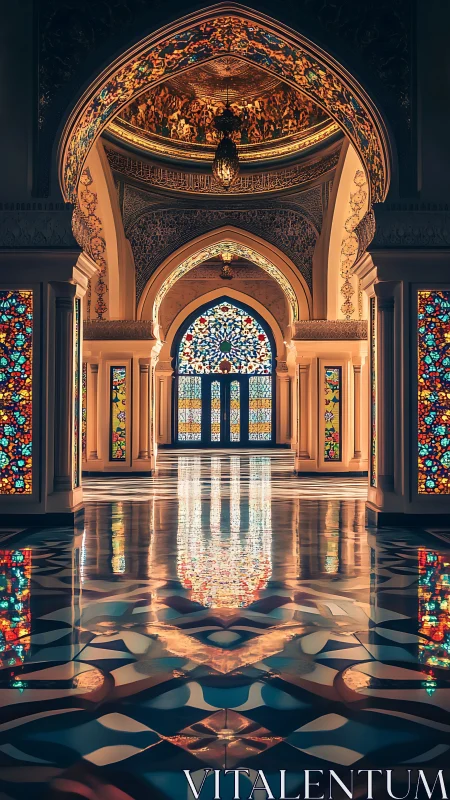 Sunlit stained-glass arches in a tranquil palace corridor.