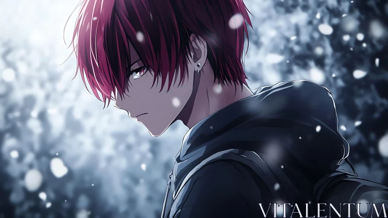 Snowlit rebel in a midnight hoodie walks through falling echoes.