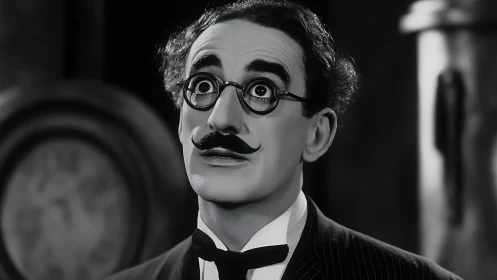Monochrome portrait of wide eyed man with round glasses and moustache