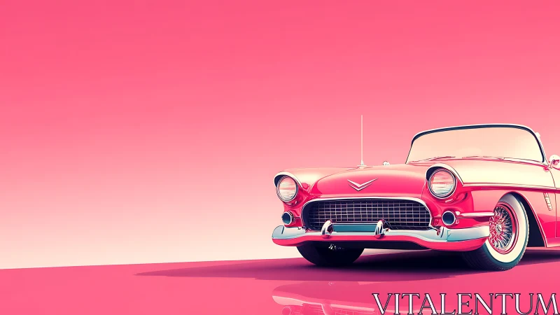 Chromatic render of retro roadster under saturated pink sky.