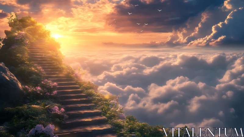 Luminous stairway above clouds in ethereal digital painting.