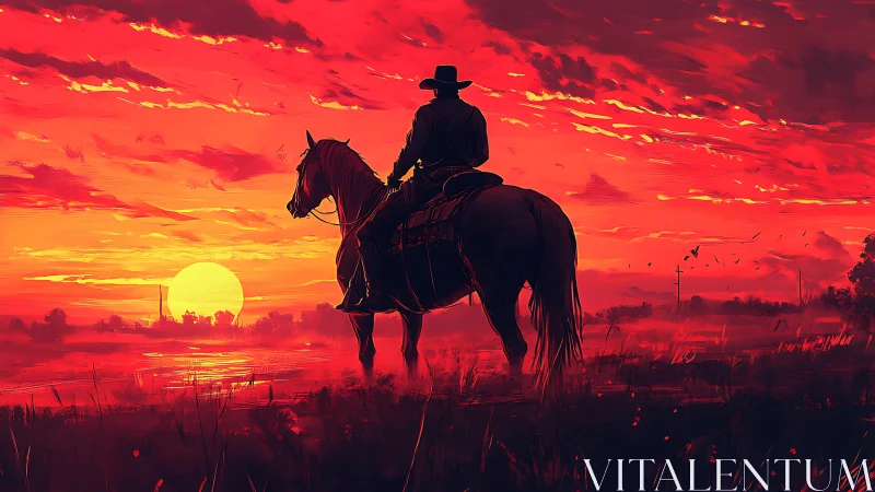 Lone cowboy on horseback under blazing crimson sunset.