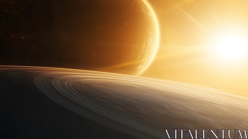 Ringed gas giant sunrise over glowing alien starfield.