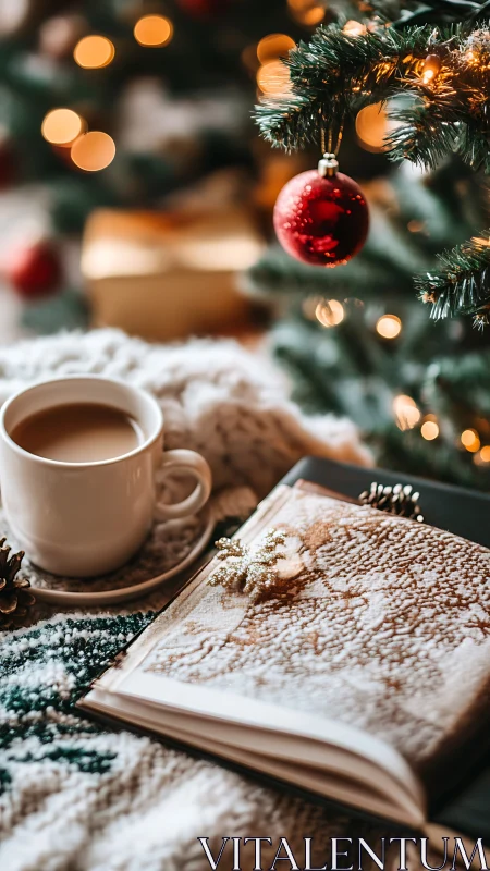 Story-soaked winter mug and glittering ornament glow.