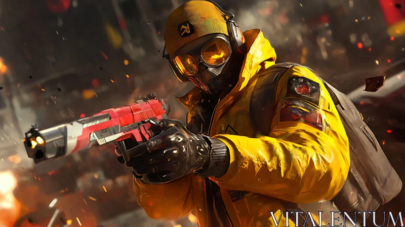 Tactical gunner in yellow hazmat gear amid urban firestorm.