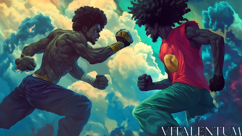 Skybound afro warriors trading thunderous heroic punches.