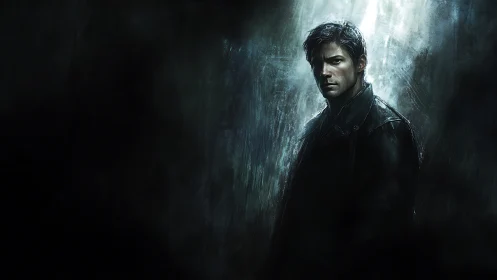 Brooding man in rainlit alleyway exudes tense mystery.