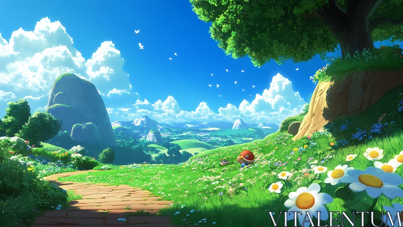 Cartoon hillside landscape shows path, tree, and distant valley