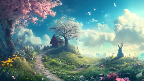 Rabbit sentinel on a blossom hill under storybook skies.