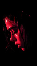 Red-lit profile portrait in dramatic side shadow.