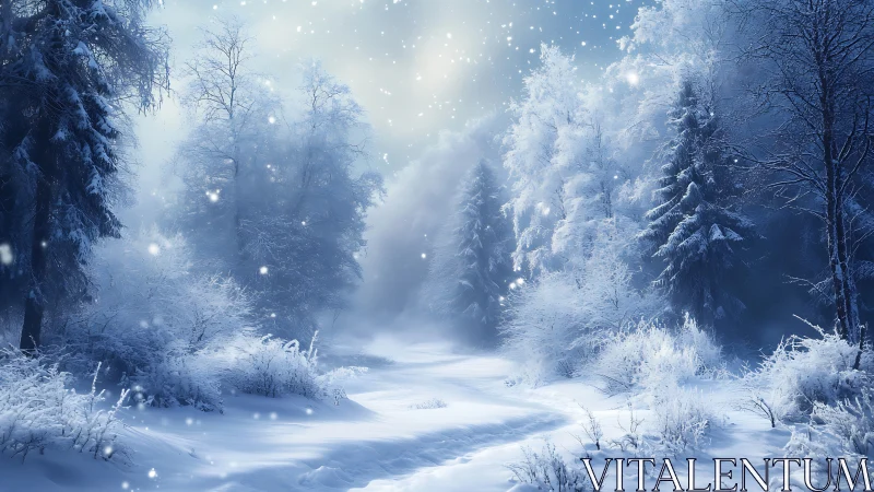 Snow covered forest path extends through dense winter trees