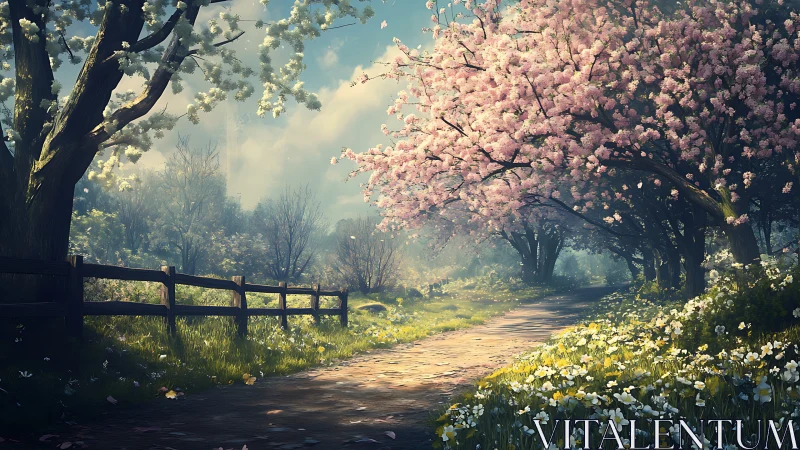 Sunlit spring lane under drifting cherry blossom clouds.