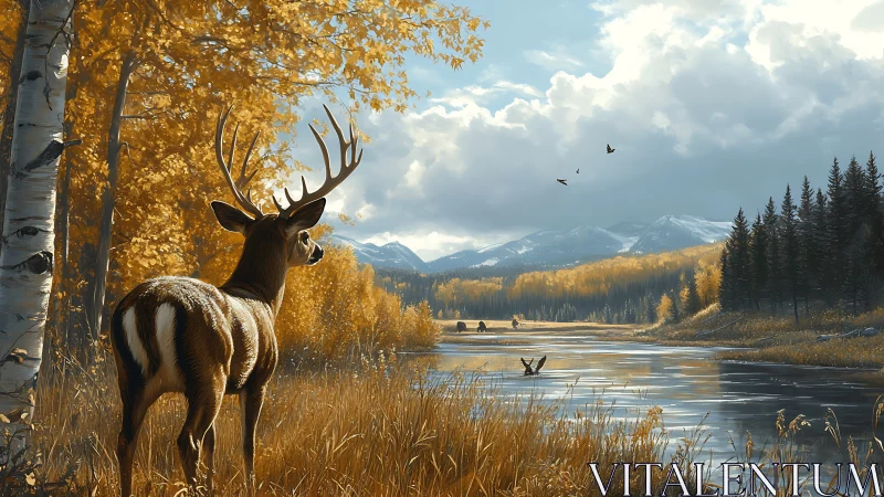 Deer by autumn river in mountainous conifer landscape at dusk.