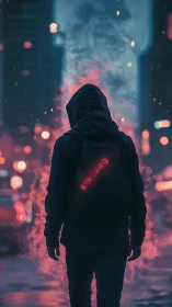Hooded figure walks through neon city fog with glowing backpack