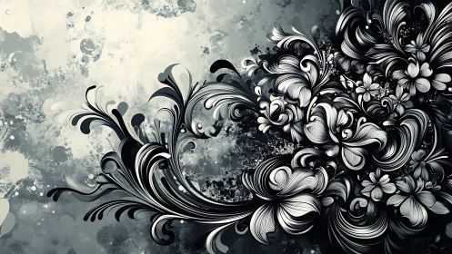 Monochrome vector florals in turbulent grayscale fluid field.