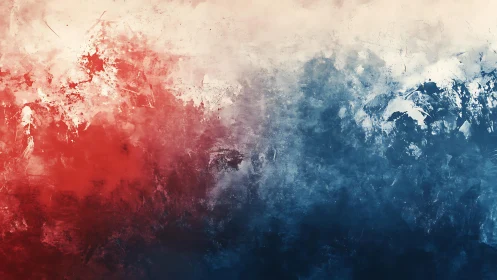 Abstract red, white, and blue textured painting with grunge style.