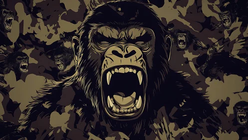 Roaring gorilla rendered in high-contrast digital vector camouflage