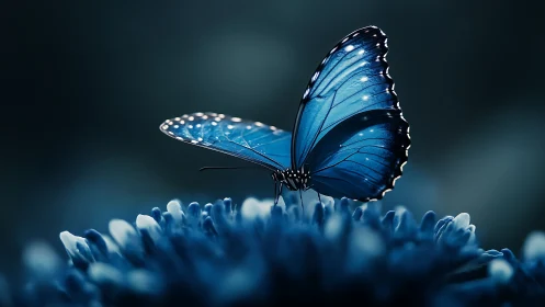 Blue butterfly rests on flower in cool bokeh light