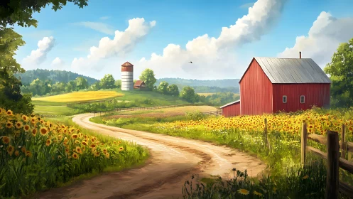 Sunlit country farm road winds through golden sunflower fields.