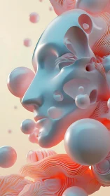 Liquid porcelain dreamface drifting in a cloud of spheres.