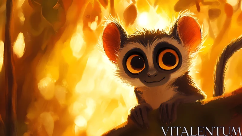 Wide-eyed lemur rests on sunlit branch in glowing forest
