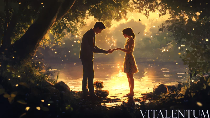 Golden hour lovers share a quiet promise beside the lake