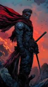 Scarred swordsman stands defiant beneath a burning sky