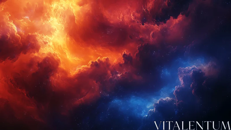 Fiery red and cool blue nebula clouds in deep space.