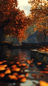Golden autumn river drifts softly past a quiet stone cottage