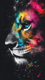 Neon cosmic lion profile glows against deep black void