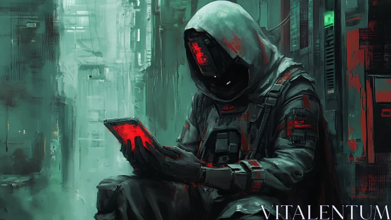 Hooded figure studies red device in dim cybernetic alley