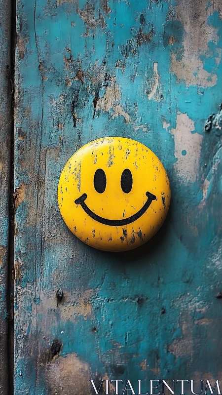 Weathered smiley button glows against peeling teal door