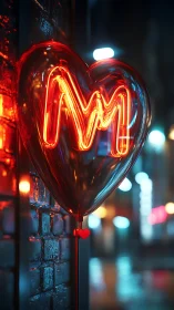 Neon heart balloon glows against a rainy city alley wall.