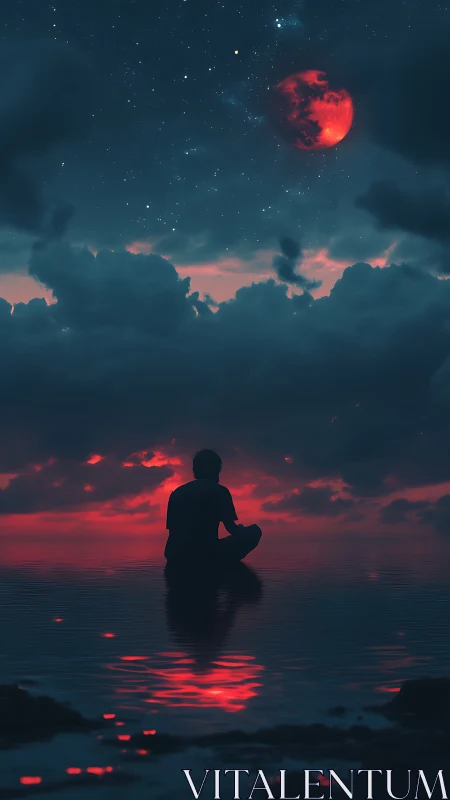 Quiet moonlit pause beneath a glowing red night sky.