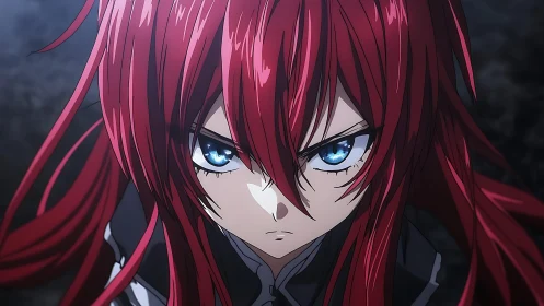 Intense red-haired anime heroine in dramatic frontal close-up.