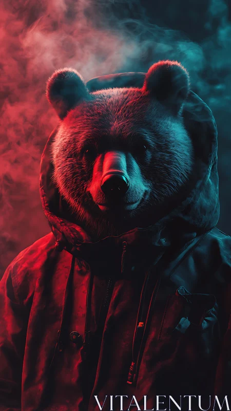 Urban night bear stands calm in bold red and blue light