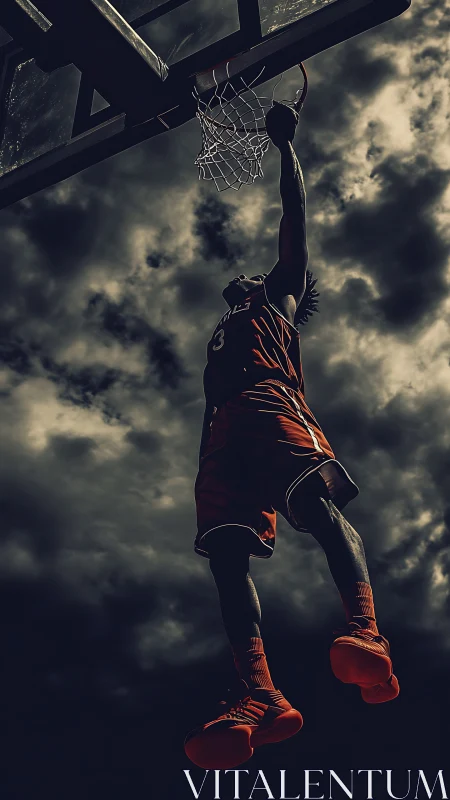 Silhouetted basketball dunk under stormy dramatic sky.