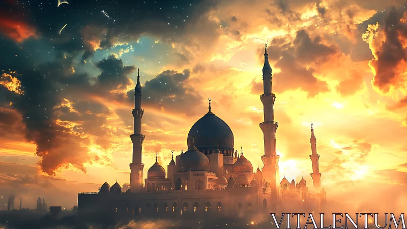 Sunlit sky palace rising through clouds at golden hour.