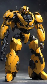 Armored yellow combat mech stands poised in dramatic light