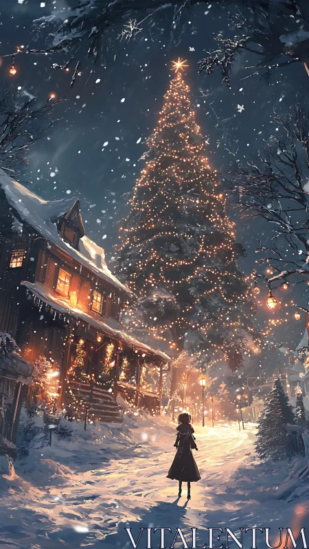 Snowlit girl beneath a towering wish-bright Christmas tree.